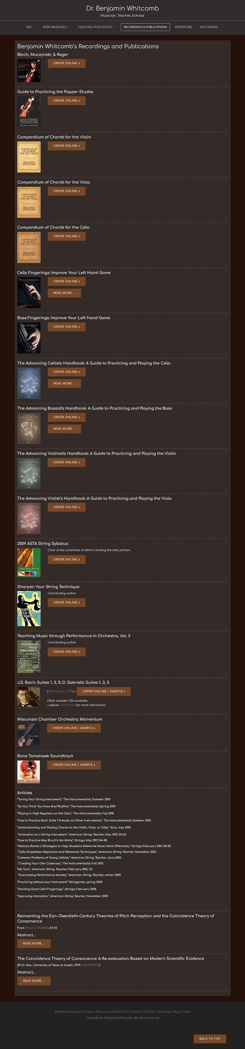Benjamin Whitcomb website screenshot recordings and publications page