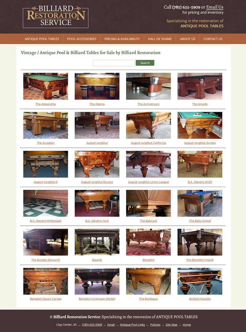 Billiard Restoration website screenshot antique pool tables page