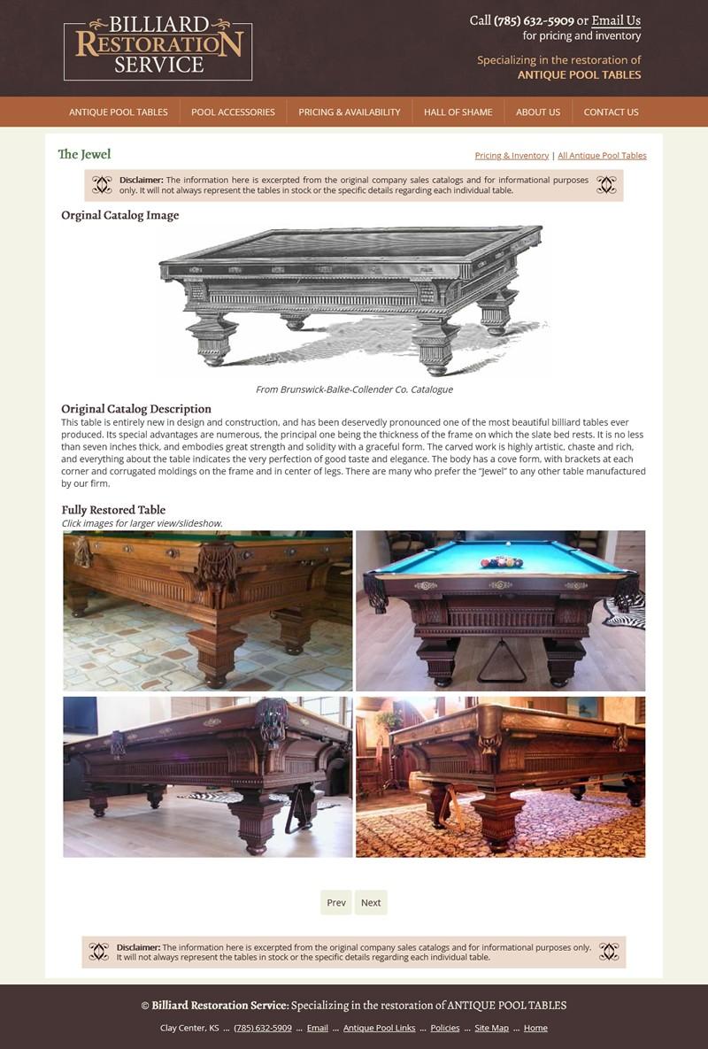 Billiard Restoration website screenshot antique table information page