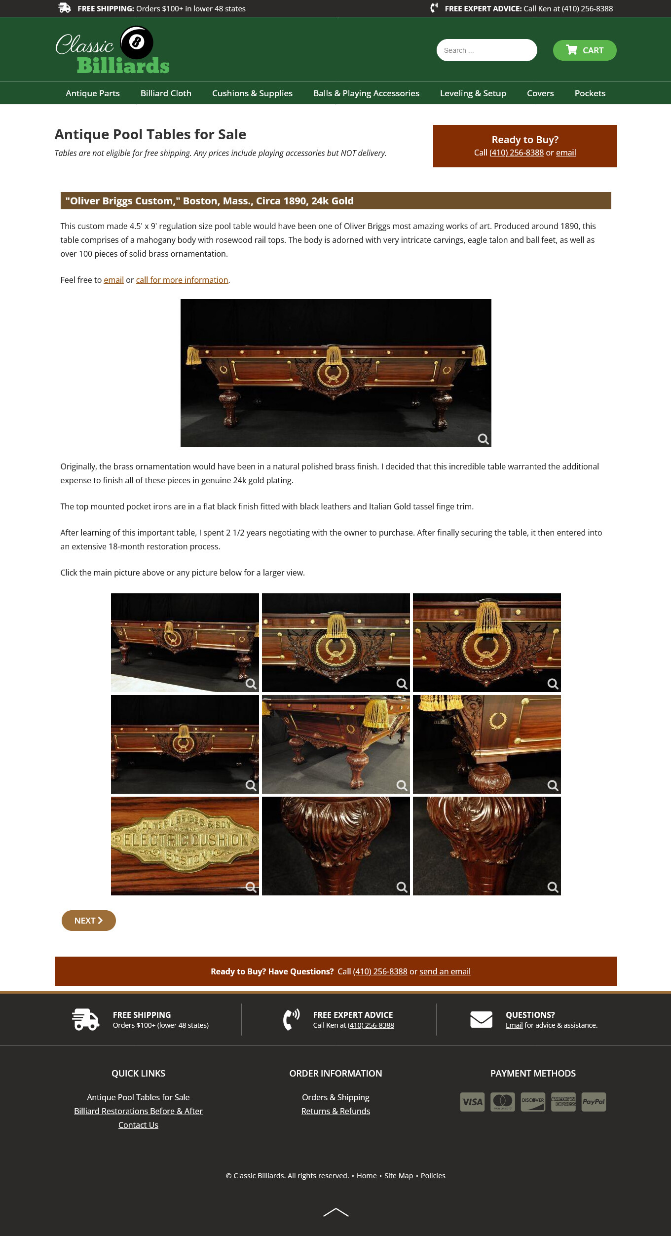 Classic Billiards website screenshot antique restored tables for sale