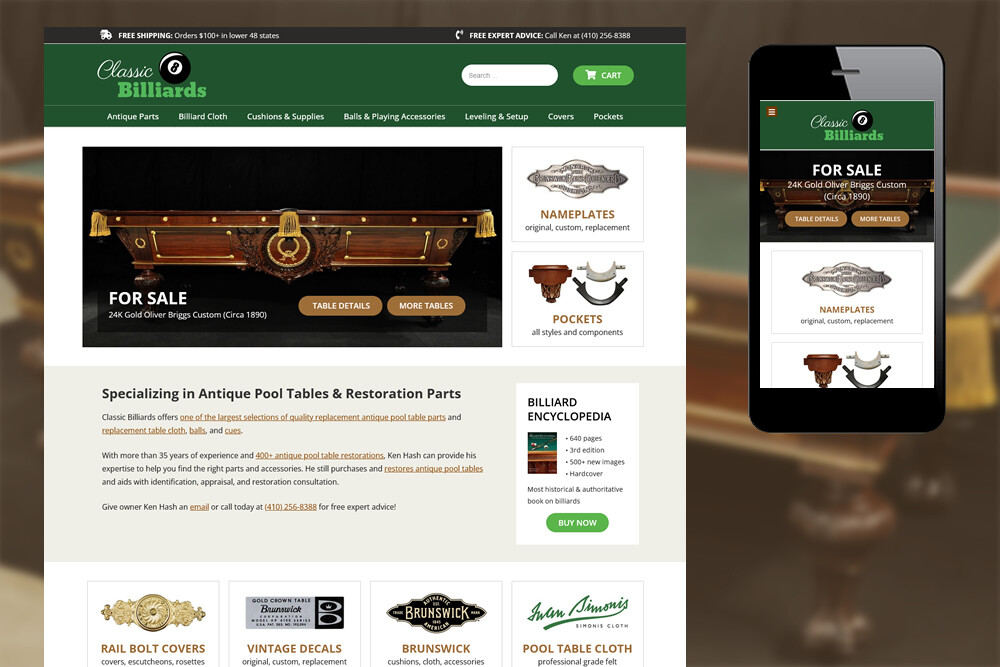 Classic Billiards website redesign & ecommerce