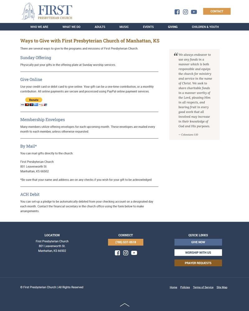 First Presbyterian Church website screenshot ways to donate