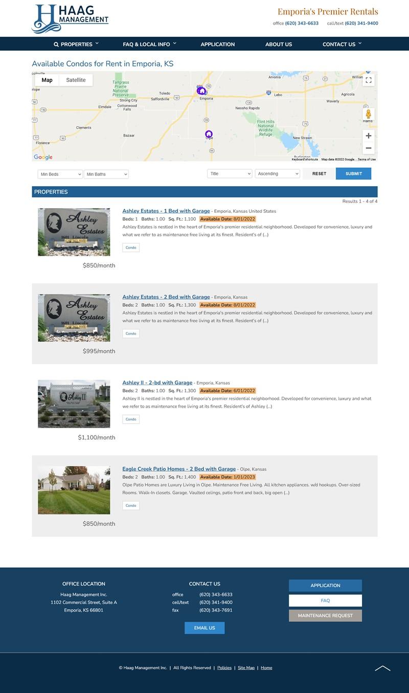 Haag Management website screenshot condo rental listings page