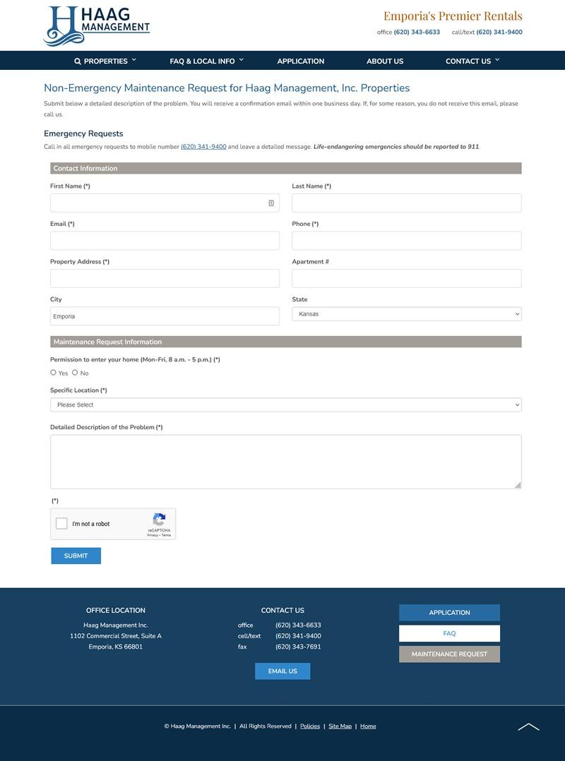 Haag Management website screenshot maintenance request form