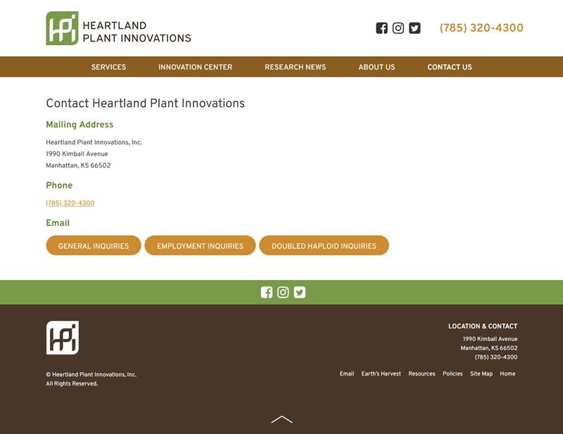 Heartland Plant Innovations website screenshot contact page