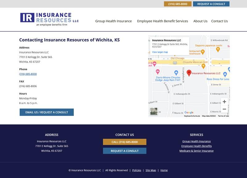 Insurance Resources website screenshot contact page