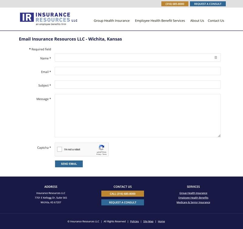 Insurance Resources website screenshot email form