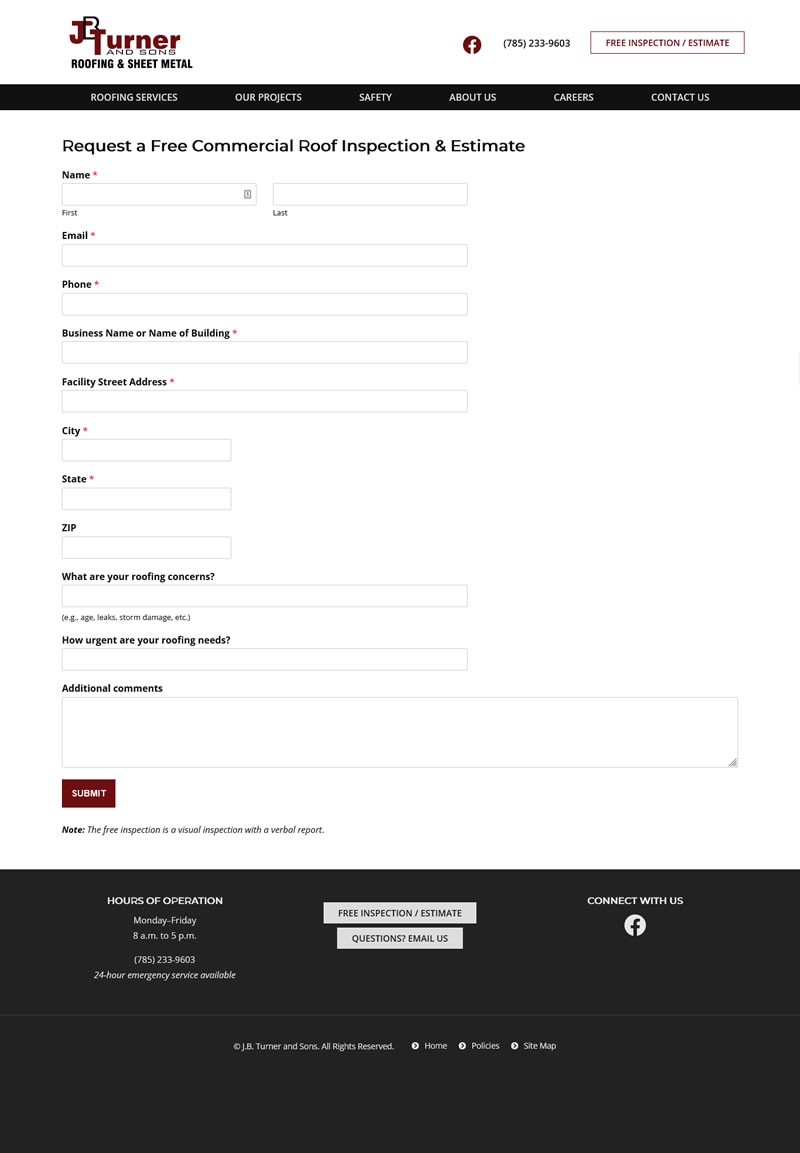 J.B. Turner and Sons website screenshot estimate request form