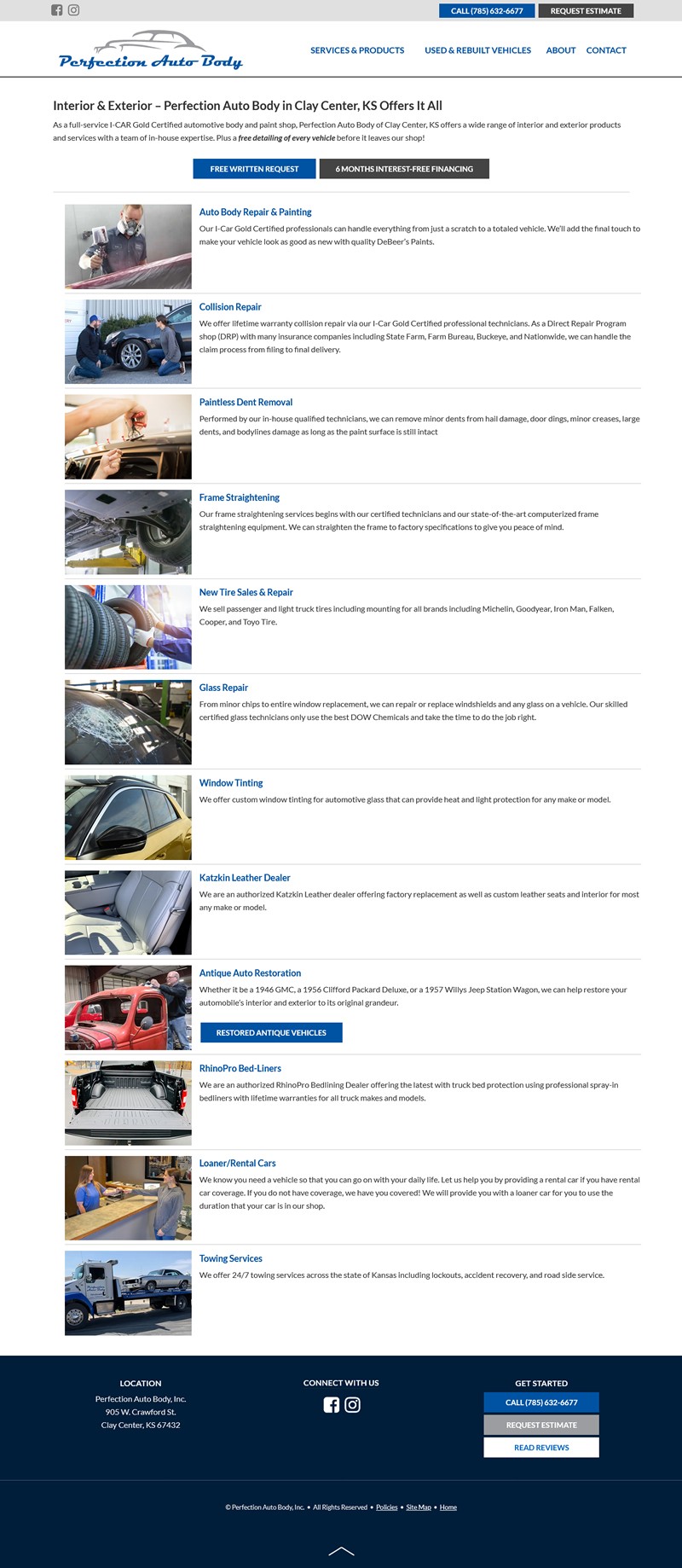 Perfection Auto Body website screenshot services page