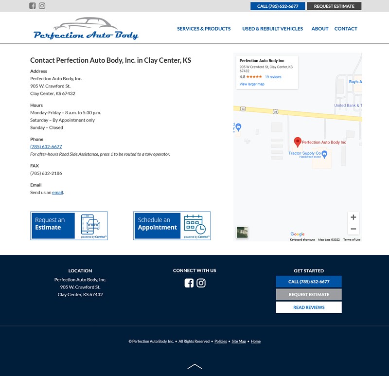 Perfection Auto Body website screenshot contact page