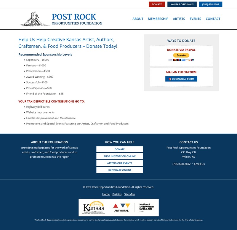 Post Rock Opportunities Foundation website screenshot how to donate