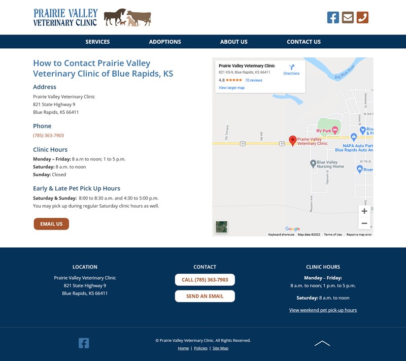 Prairie Valley Veterinary Clinic website screenshot contact page