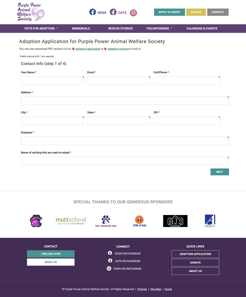 Purple Power Animal Welfare Society website screenshot adoption application