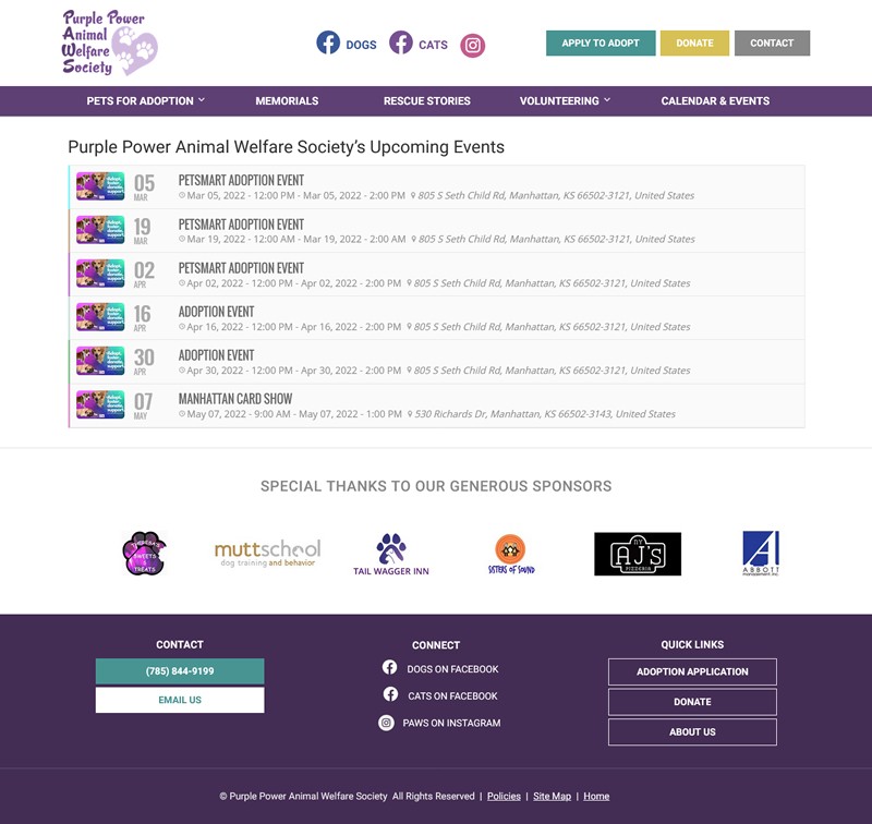 Purple PAWS website screenshot Facebook events integration