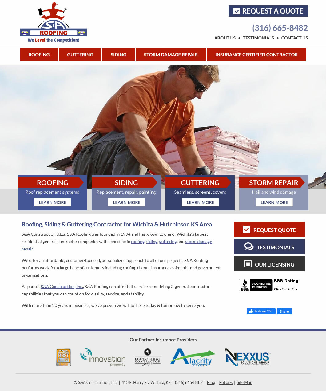 S&A Roofing website screenshot