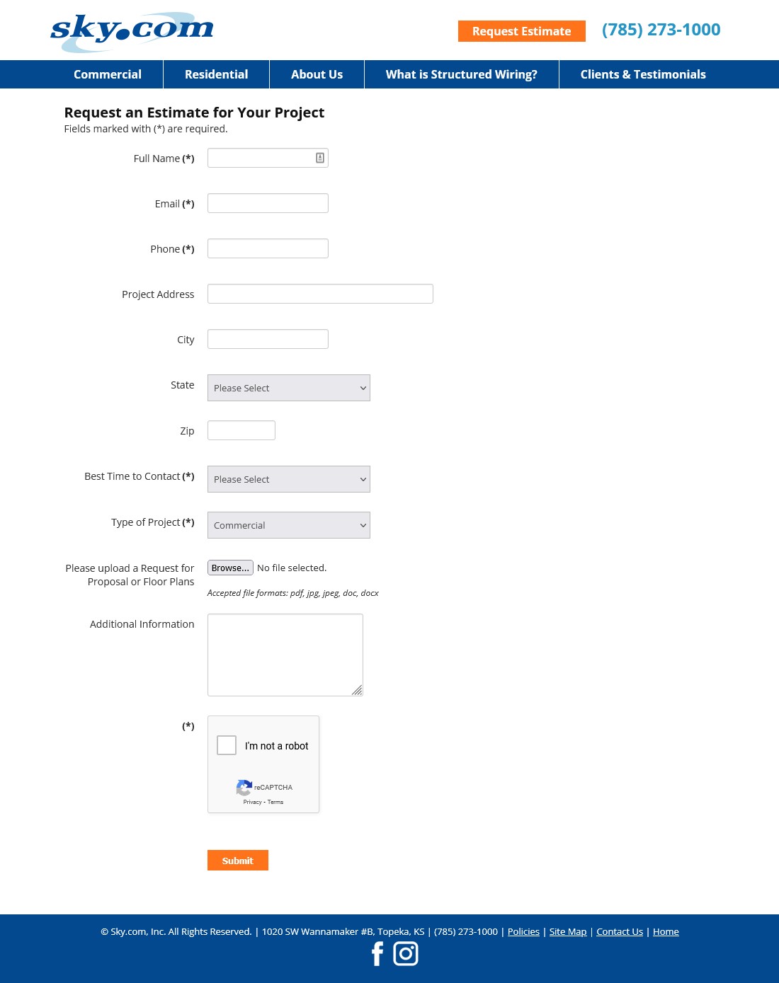 Sky.com website screenshot estimate request form