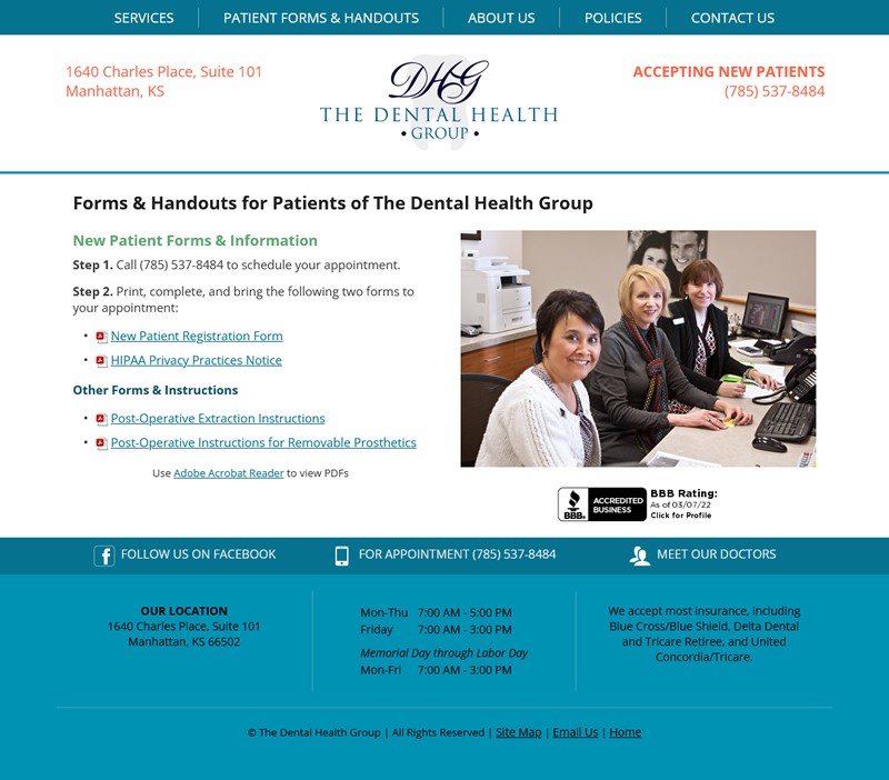 The Dental Health Group website screenshot patient forms page