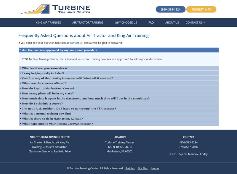 Turbine Training website screenshot FAQ page