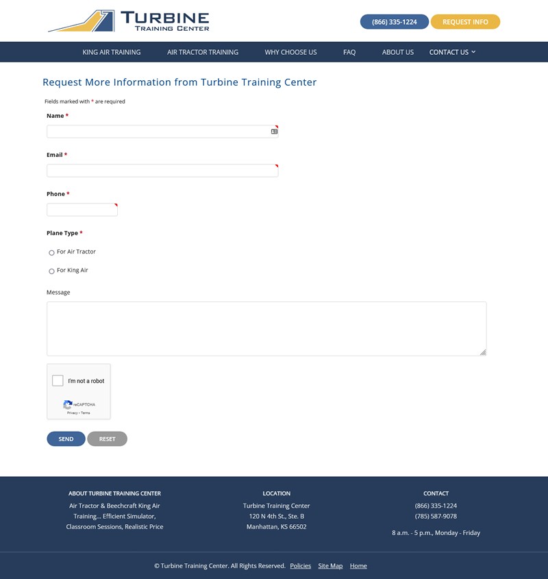 Turbine Training website screenshot request information page
