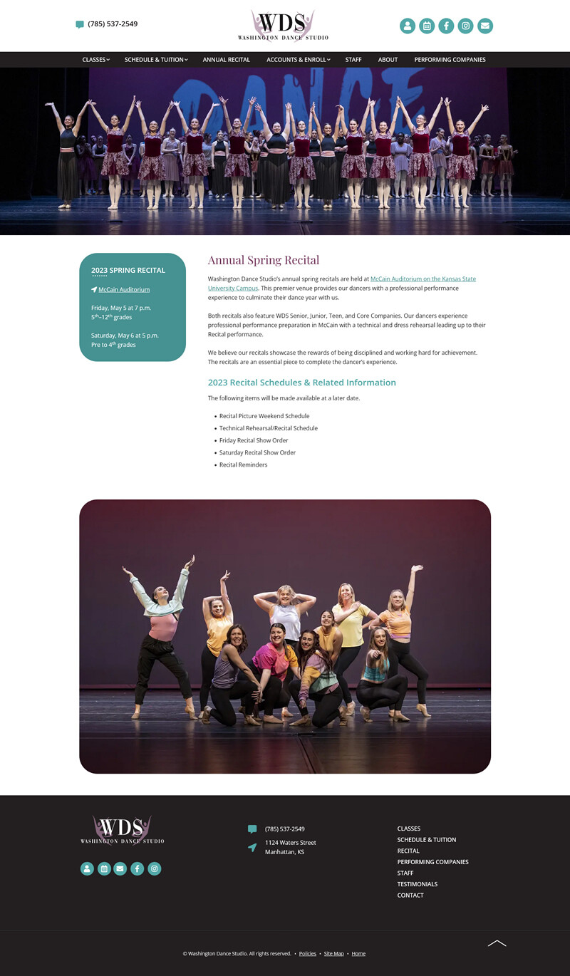 Washington Dance Studio website screenshot class schedule page