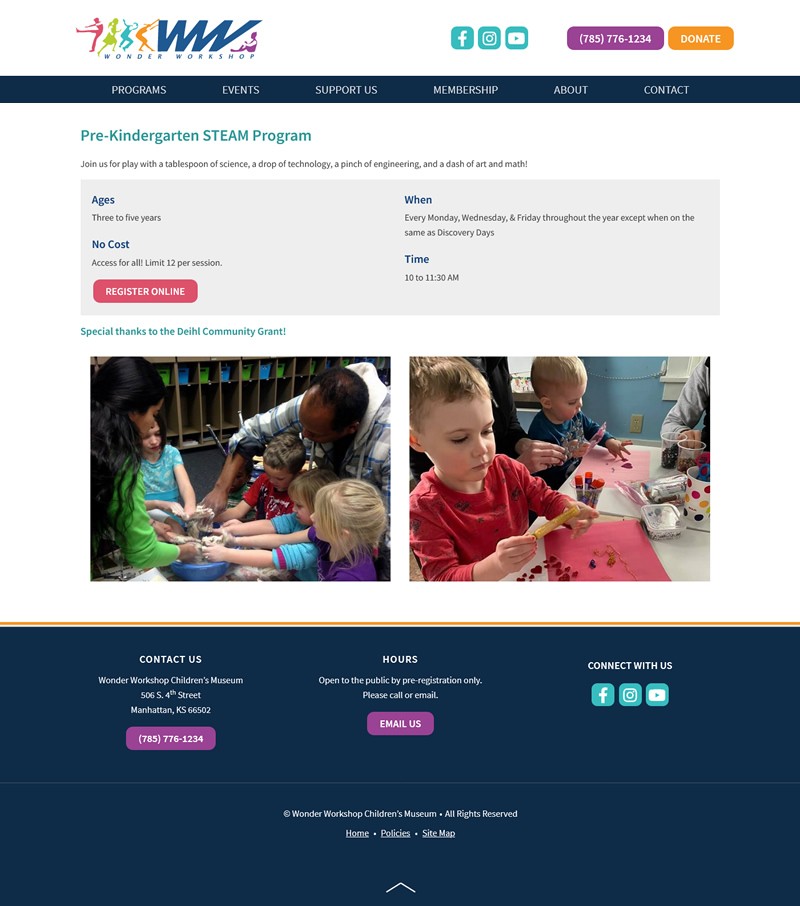 Wonder Workshop Children's Museum website screenshot STEAM programs