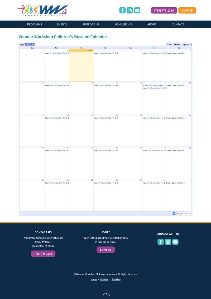 Wonder Workshop Children's Museum website screenshot calendar integration