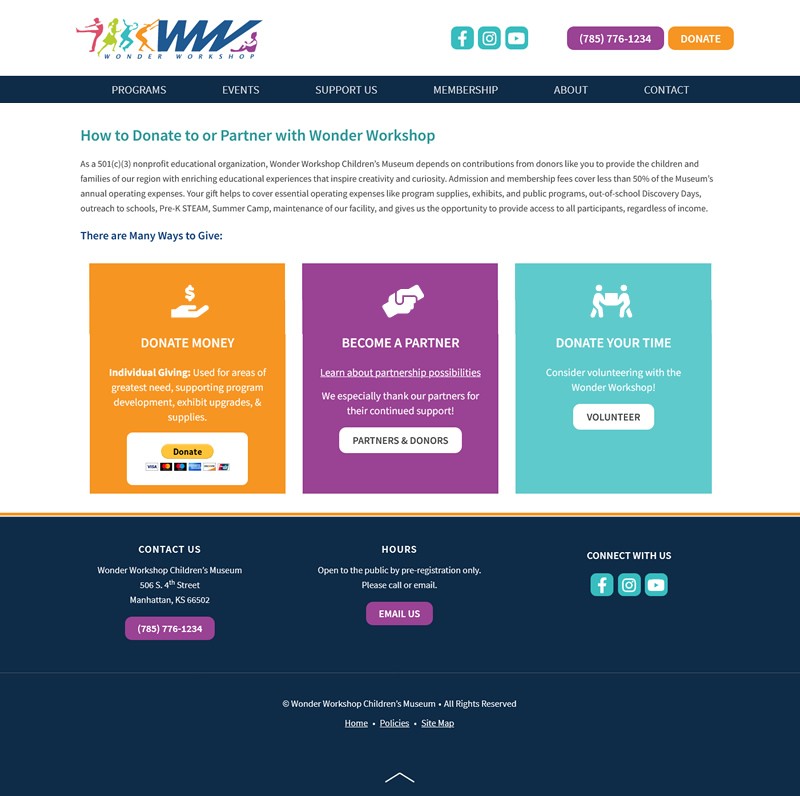 Wonder Workshop Children's Museum website screenshot donate options page